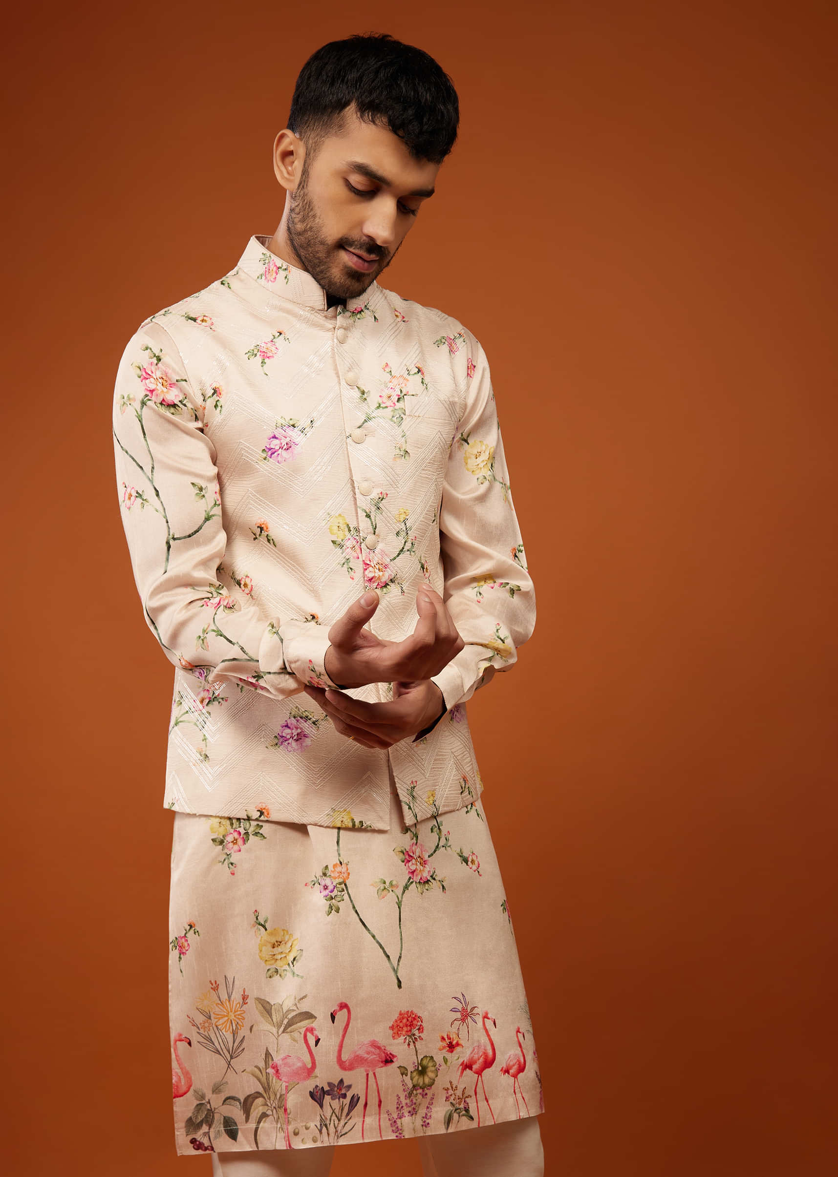 Nude White Flora And Fauna Printed Bandi Jacket Set In Cotton Silk