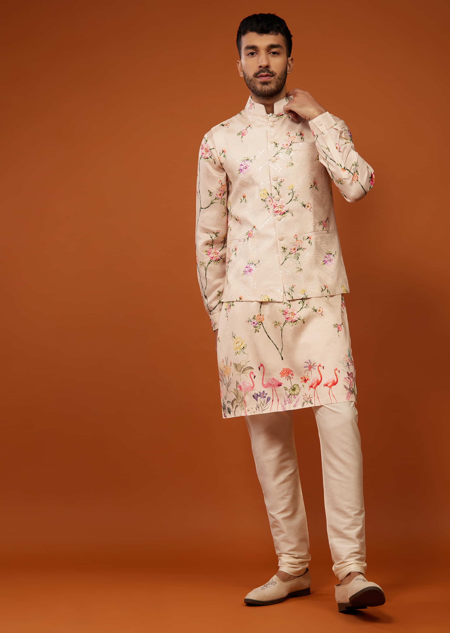 Nude White Flora And Fauna Printed Bandi Jacket Set In Cotton Silk