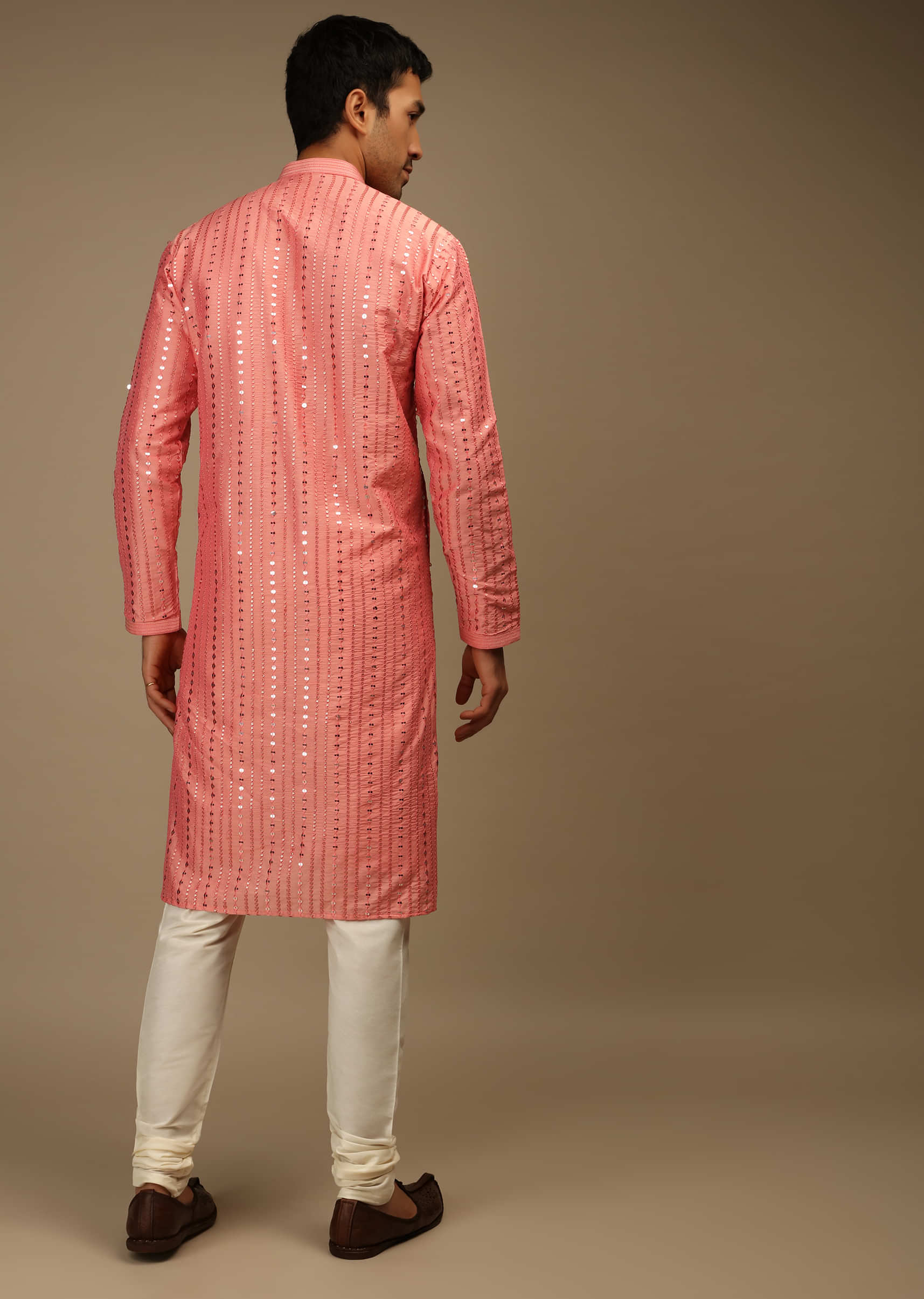 Shell Pink Kurta Set In Silk With Resham And Sequins Abla Embroidered Striped Design