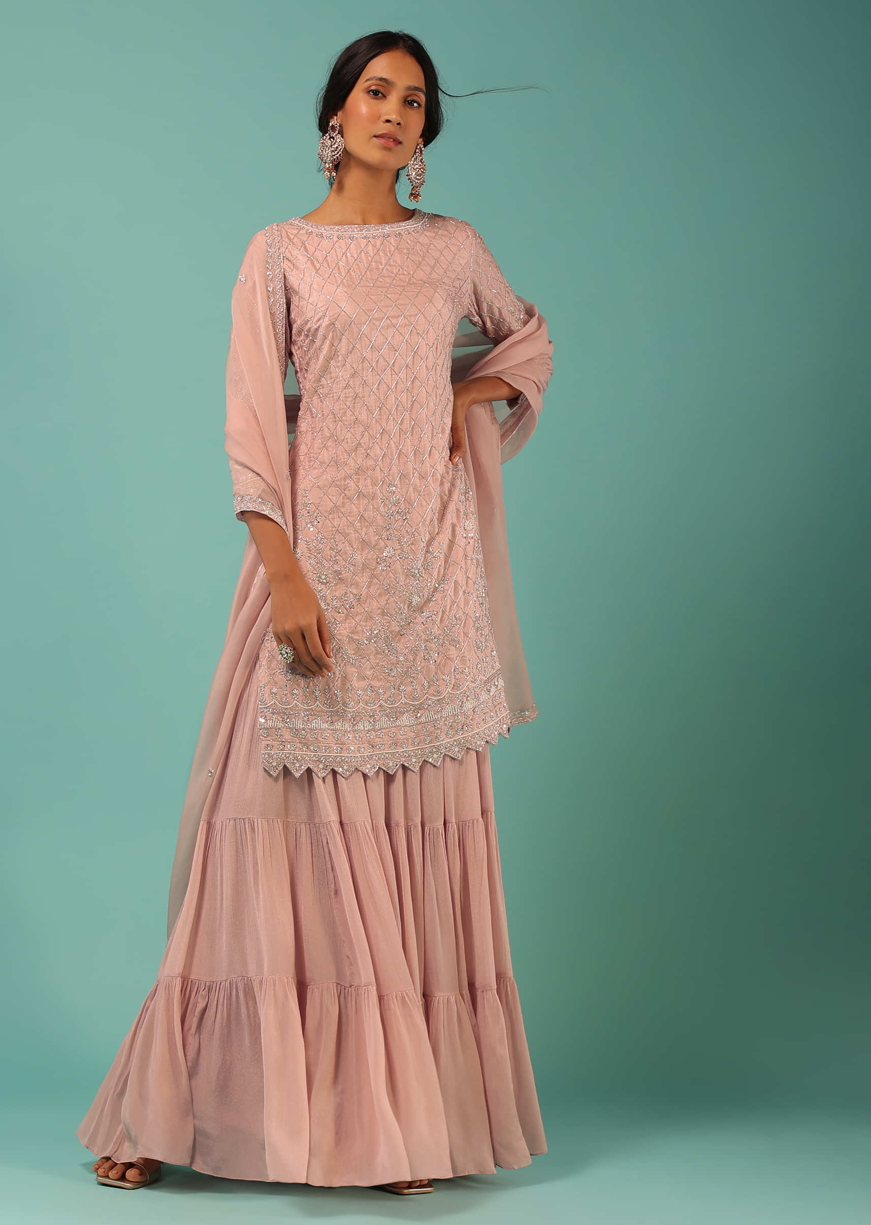 Shell Pink Sharara Suit In Cotton Silk With Cut Dana Embroidered Mesh And Moti Detailed Delicate Floral Motifs