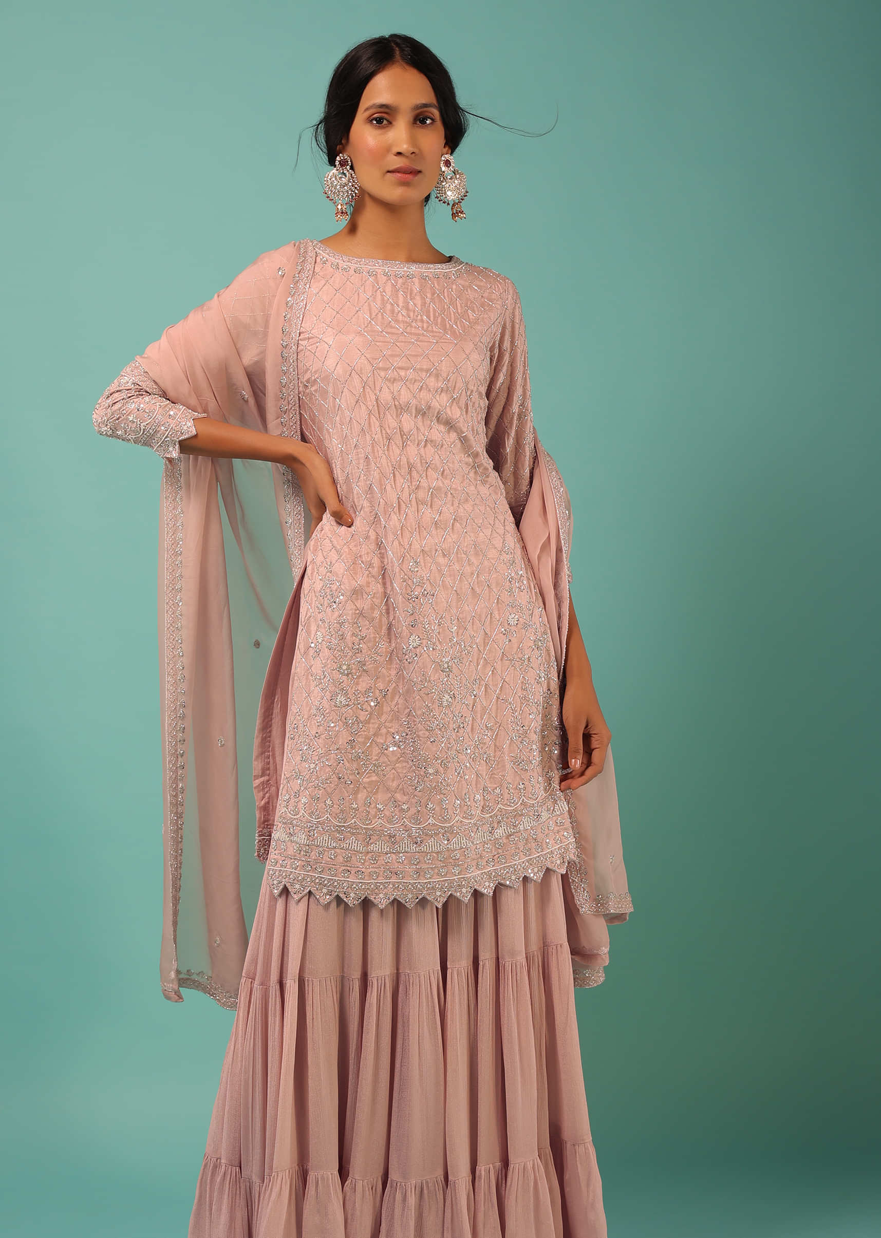 Salmon Pink Sharara Suit In Cotton Silk With Embroidered Floral Motifs
