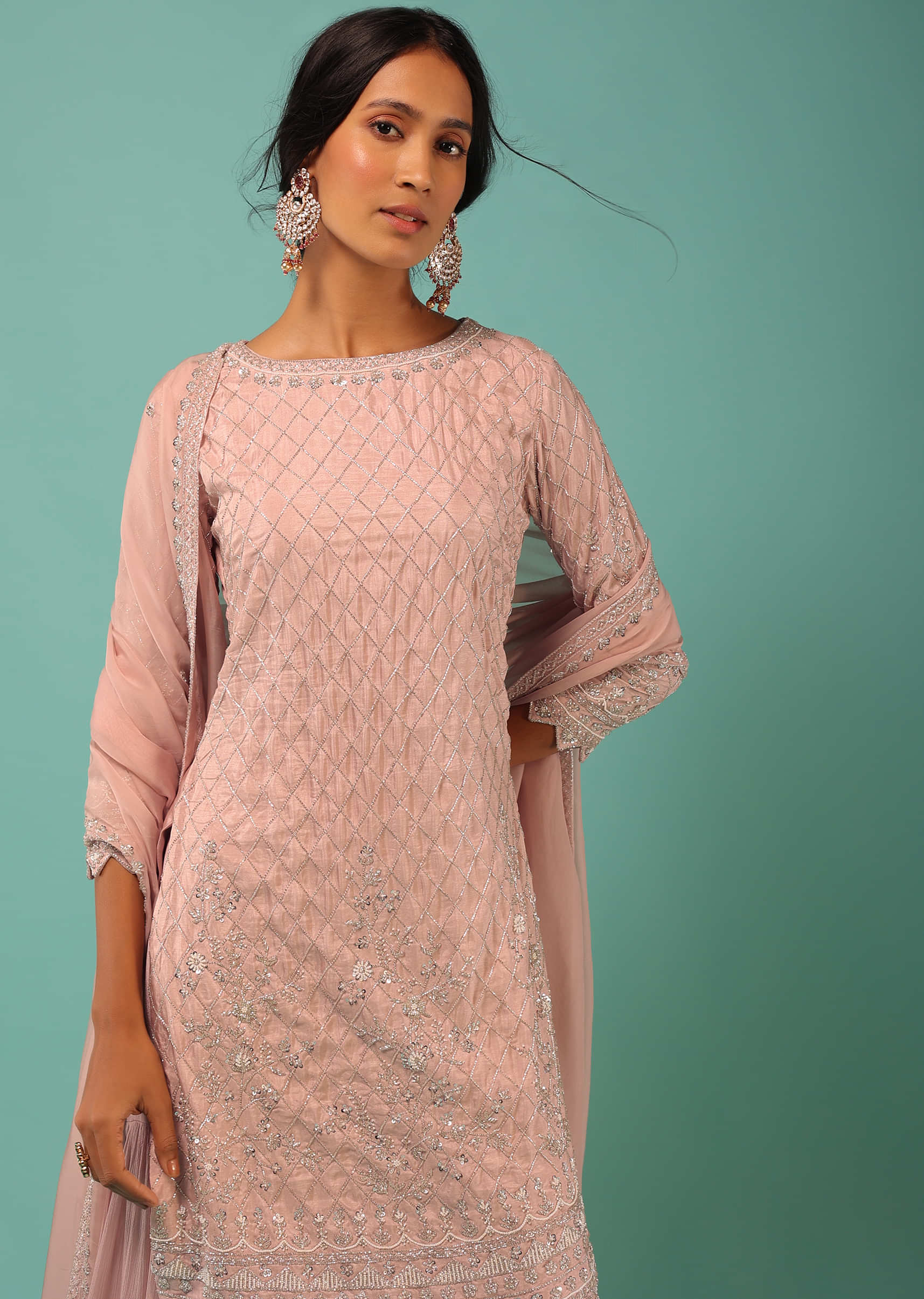Salmon Pink Sharara Suit In Cotton Silk With Embroidered Floral Motifs