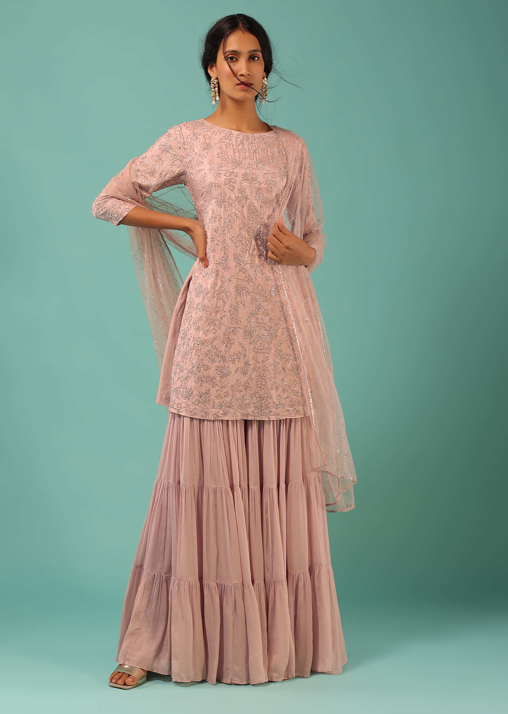 Shell Pink Sharara Suit With Detailed Cut Dana Embroidered Floral Motifs