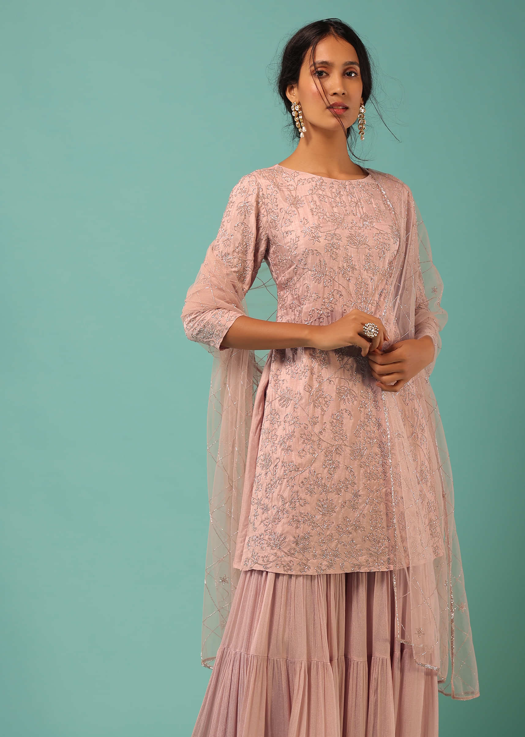 Powder Pink Sharara Suit With Detailed Cut Dana Embroidered Floral Motifs