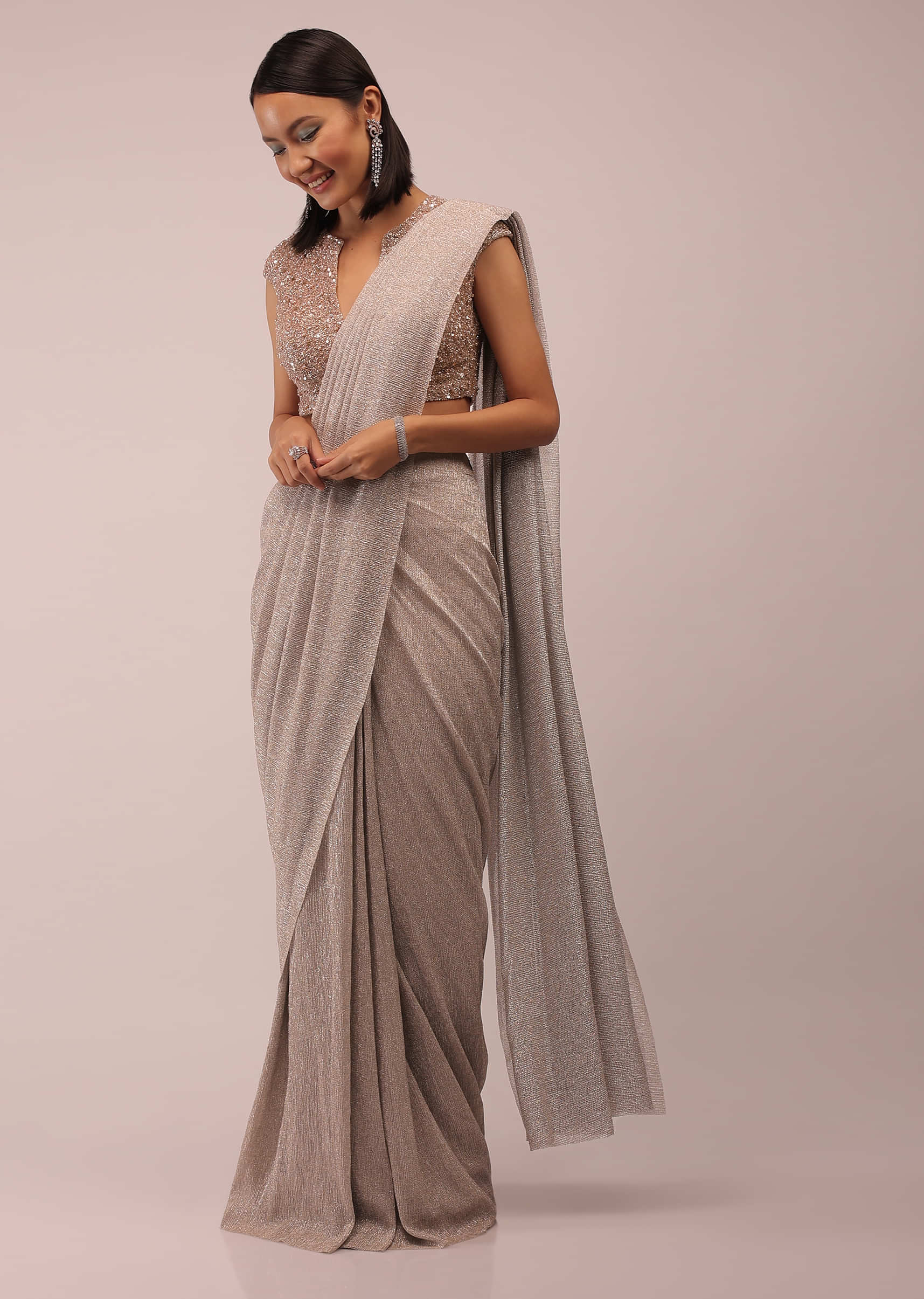 Buy Shell Shimmer Crush Ready Pleated Saree With A Crop Top In 3D Flower  And Moti Embroidery