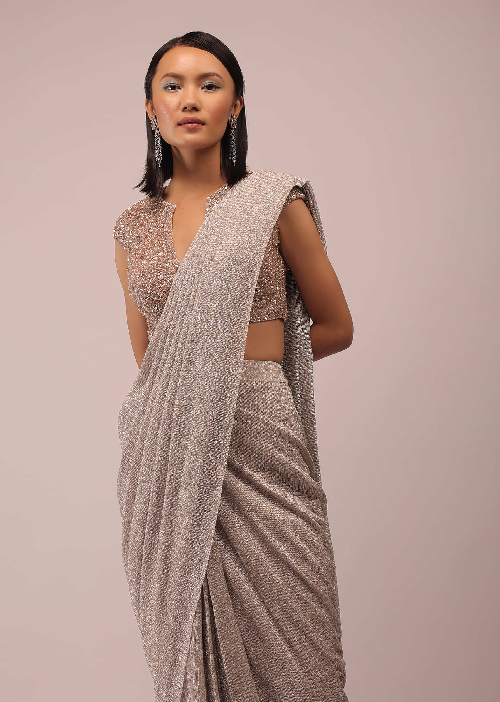 Shell Shimmer Crush Ready Pleated Saree With A Crop Top In  3D Flower And Moti Embroidery