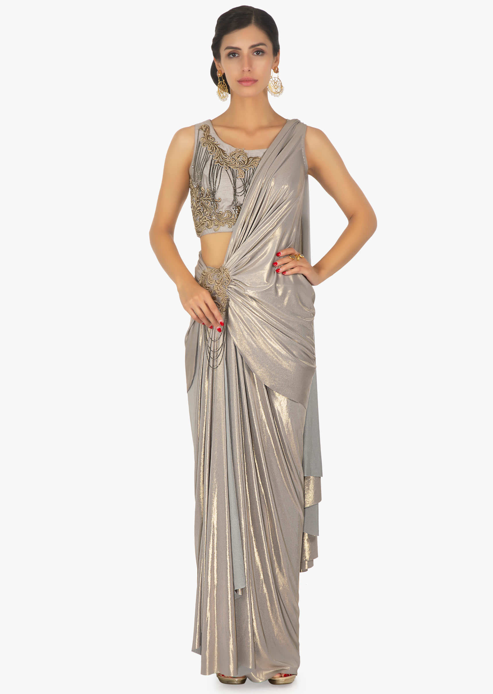 Shimmer Lycra saree skirt with pre stitched pallo in zari patch  with chain dangler