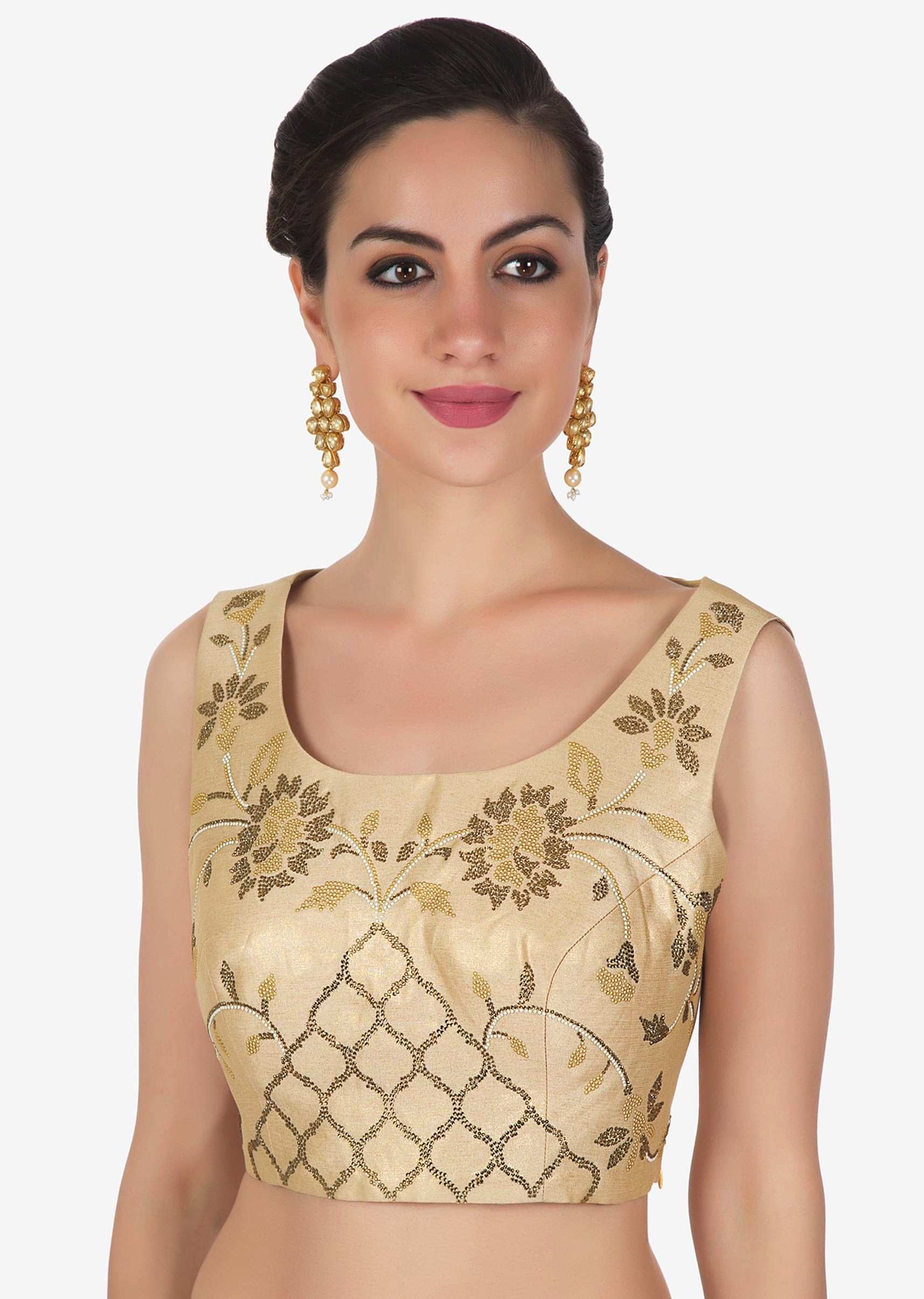 Shimmer blouse in light gold adorn in kundan embroidery only on Kalki