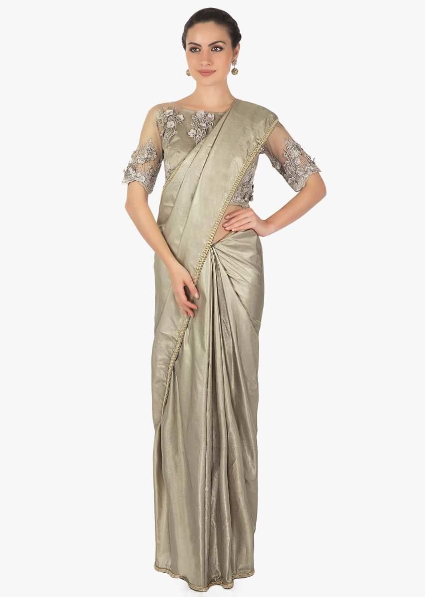 Shimmer grey saree in silk with ready 3D embroidered blouse only on Kalki
