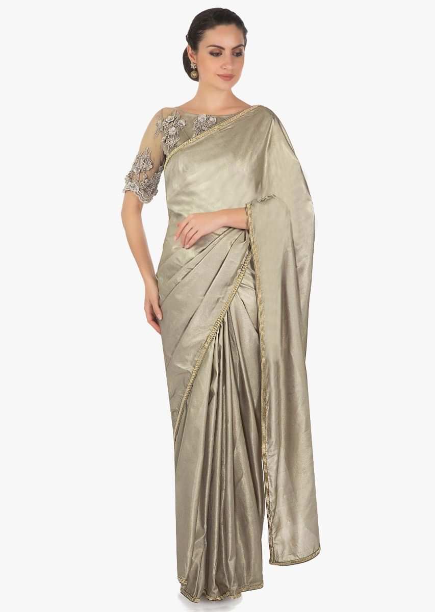 Shimmer grey saree in silk with ready 3D embroidered blouse only on Kalki
