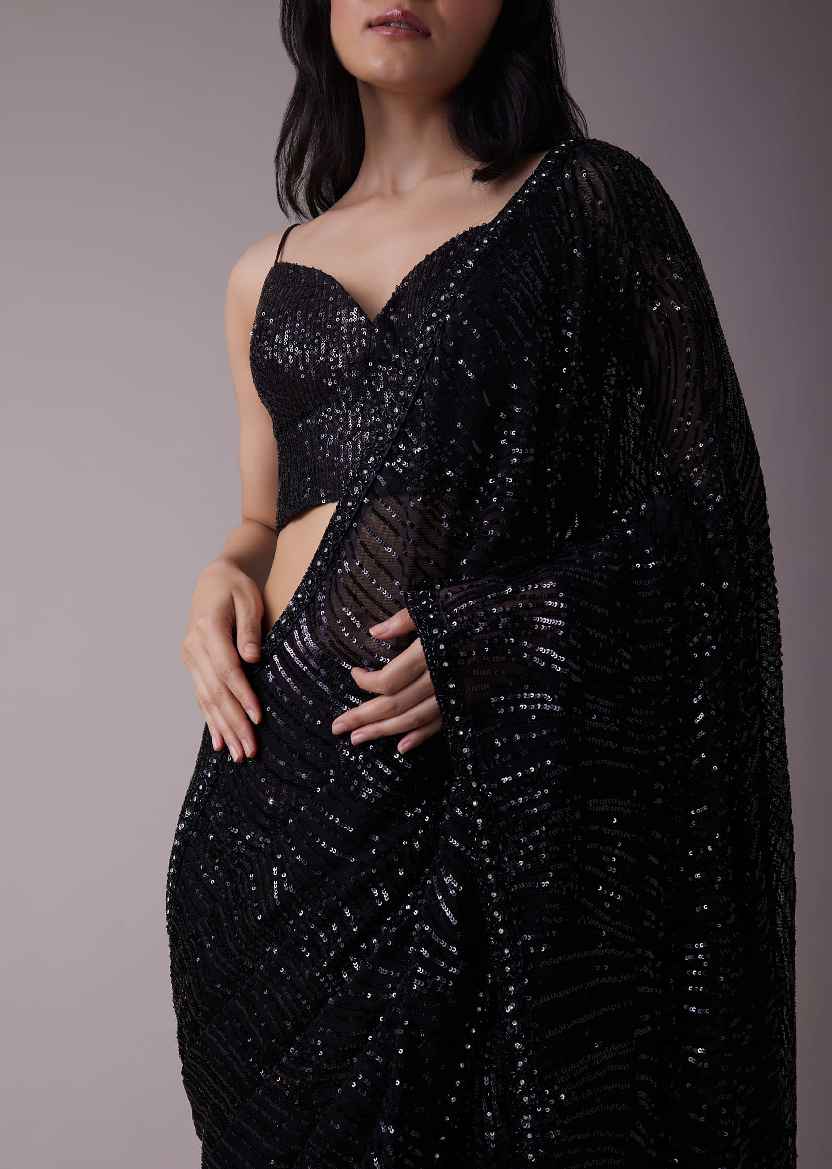 Buy Embellished Border Shimmery Black Sequins Saree Online