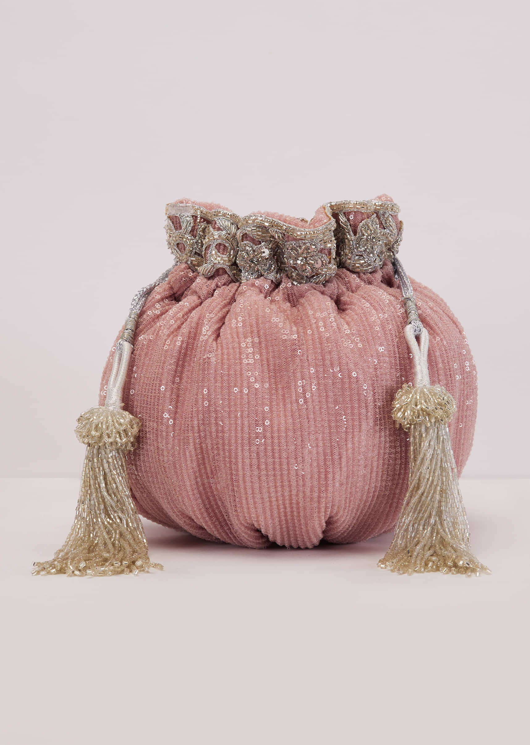 Dark Pink Potli Bag In Velvet With Cut Dana And Beads