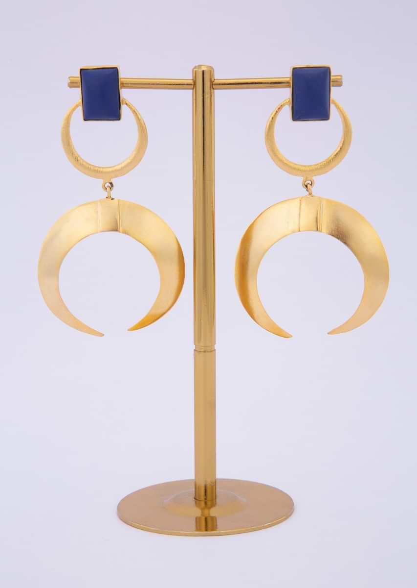 Shiny gold coated party wear earring with navy blue stone only on kalki