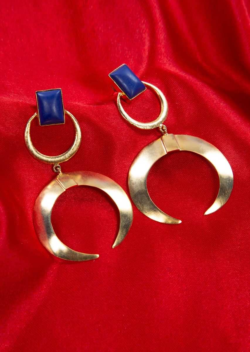 Shiny gold coated party wear earring with navy blue stone only on kalki