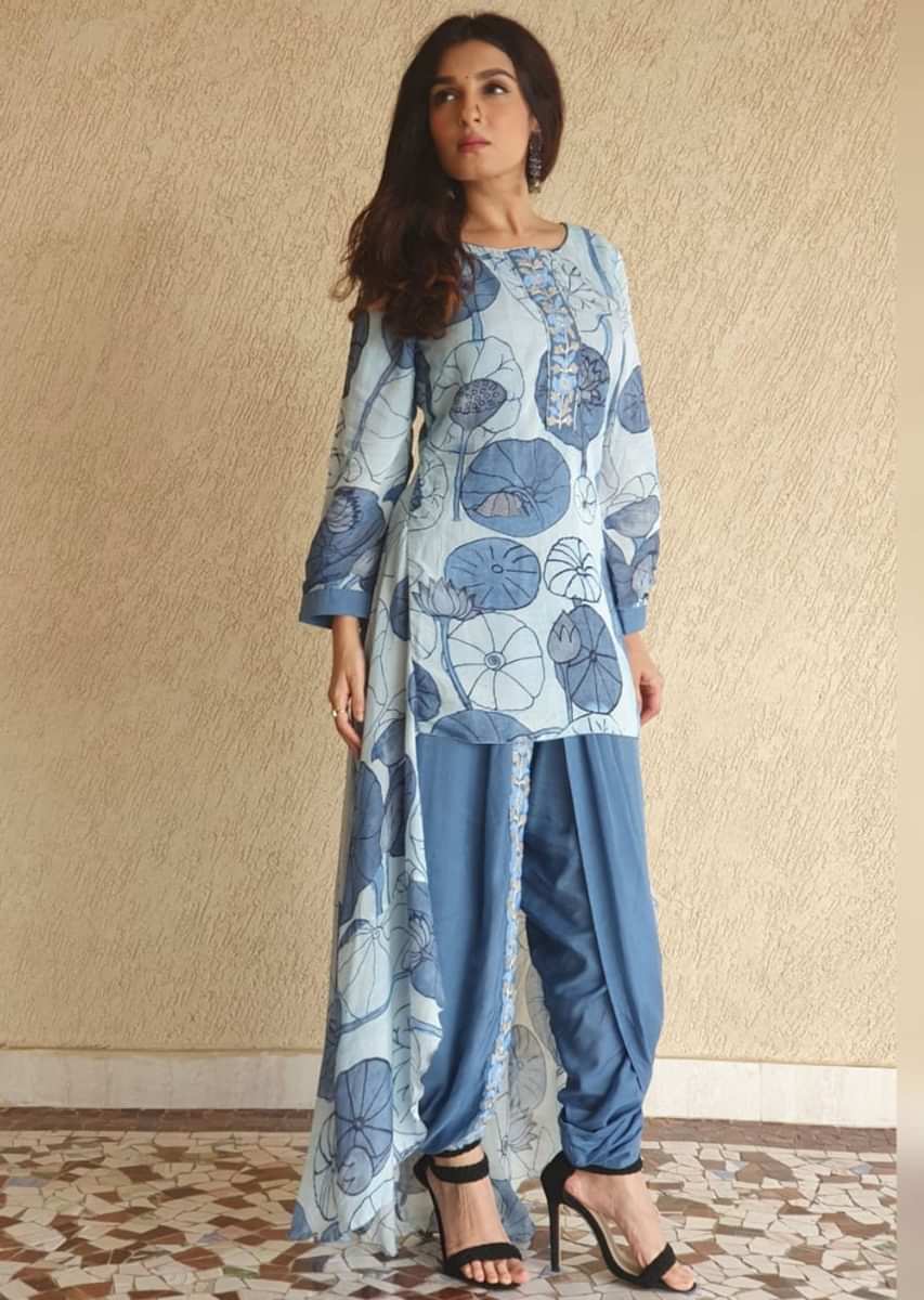 Shiny Doshi In kalki Ice Blue High Low Kurti With Stylised Floral Print And Steel Blue Dhoti Pants