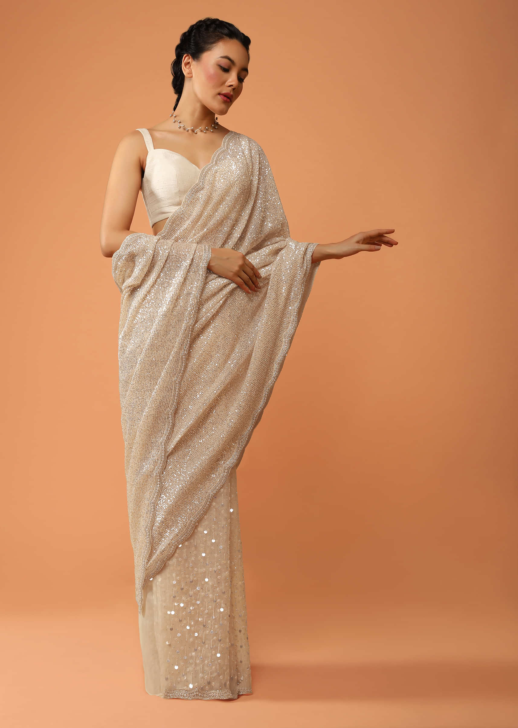 Gold Beige Half And Half Saree In Organza With Cut Dana And Sequins Embroidery And Sequins Lycra Pallu