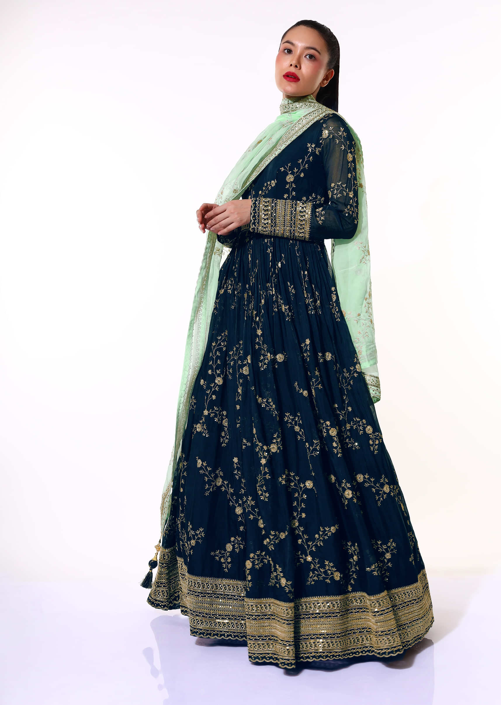 Midnight Blue Anarkali Suit In Organza With Sequins And Zari Embroidered Floral Jaal And Mint Dupatta  