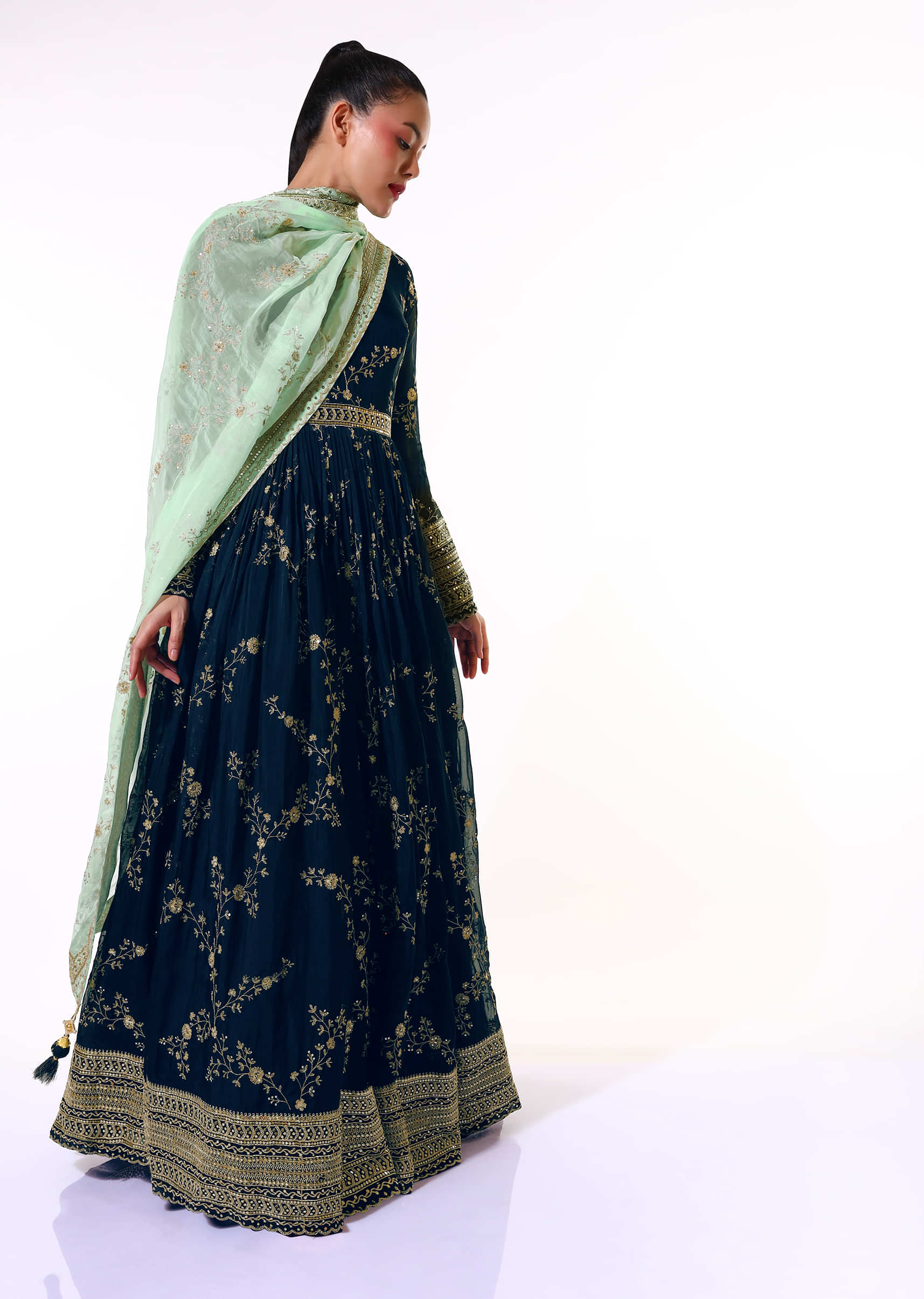 Midnight Blue Anarkali Suit In Organza With Sequins And Zari Embroidered Floral Jaal And Mint Dupatta  