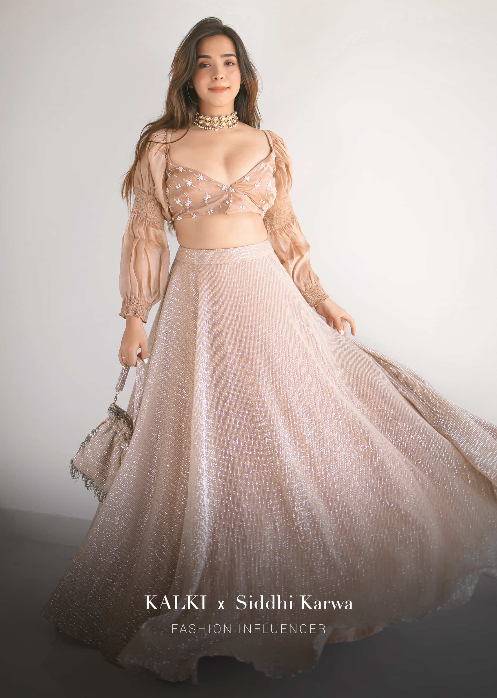 Nude Beige Ombre Lehenga And Crop Top With Fancy Double Balloon Sleeves And Overlapping Neckline