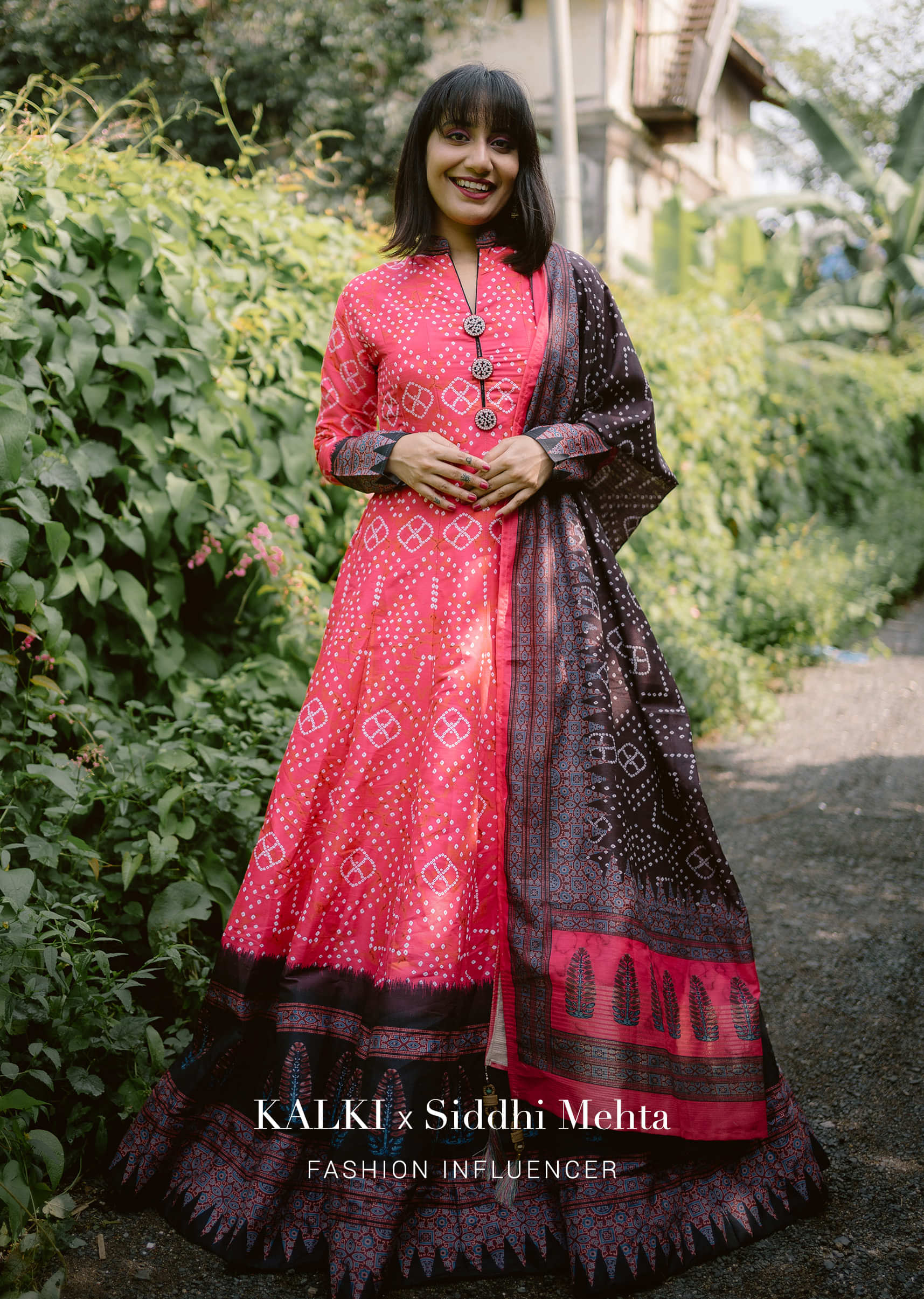 Hot Pink Silk Anarkali Suit With Contrasting Maroon Block Printed Border and Bandhani Design