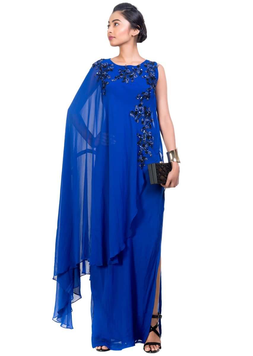 Electric Blue Cape Gown With Side Layer Online - Kalki Fashion