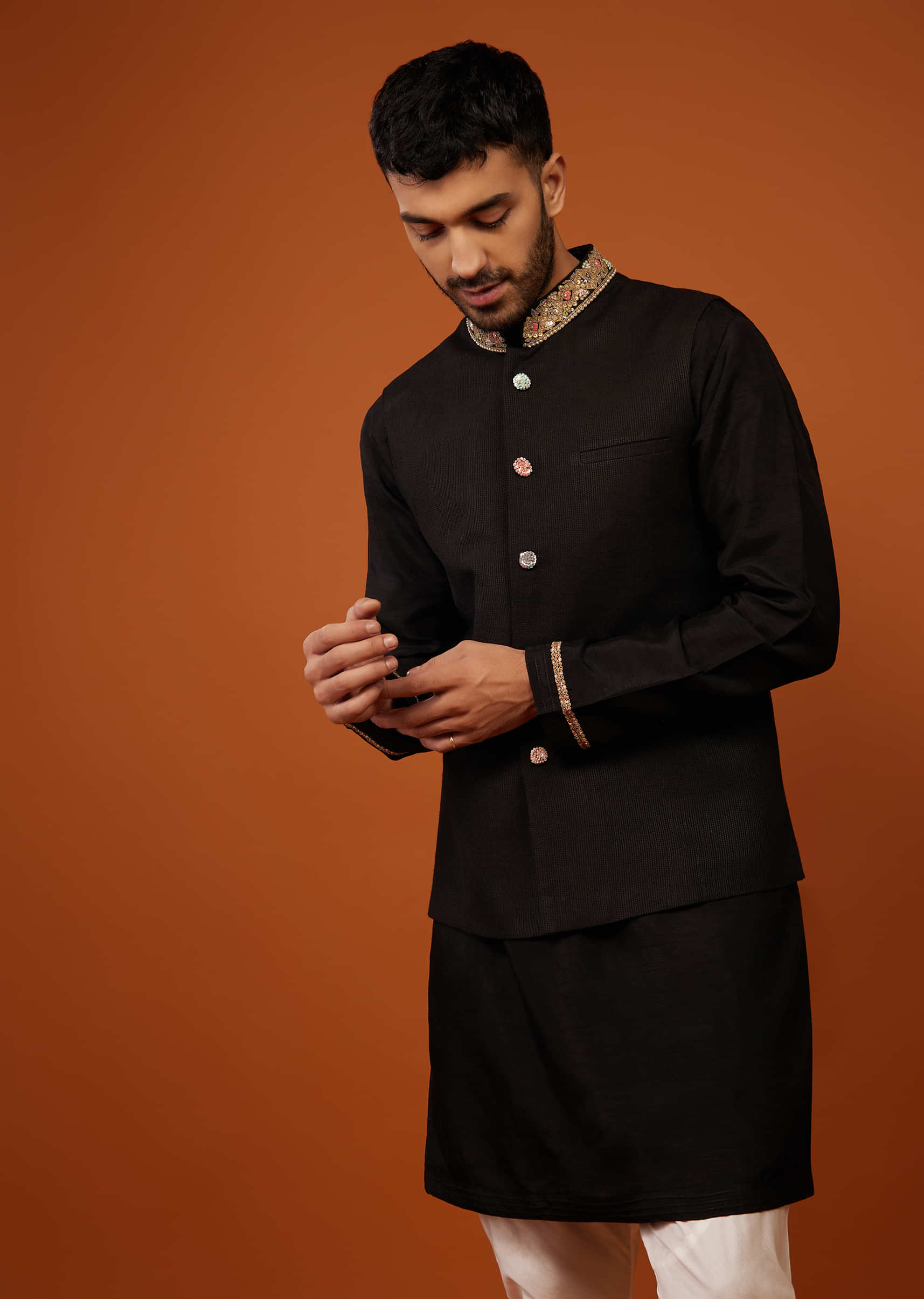 Silk Black Bandi Jacket Set With Embroidered Collar And Buttons