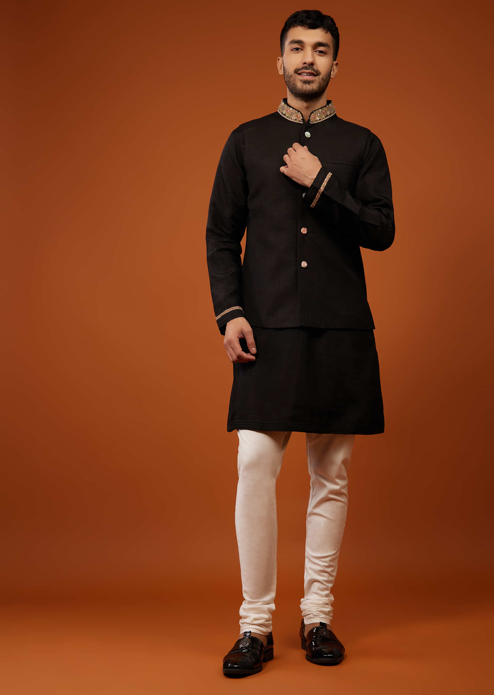 Silk Black Bandi Jacket Set With Embroidered Collar And Buttons