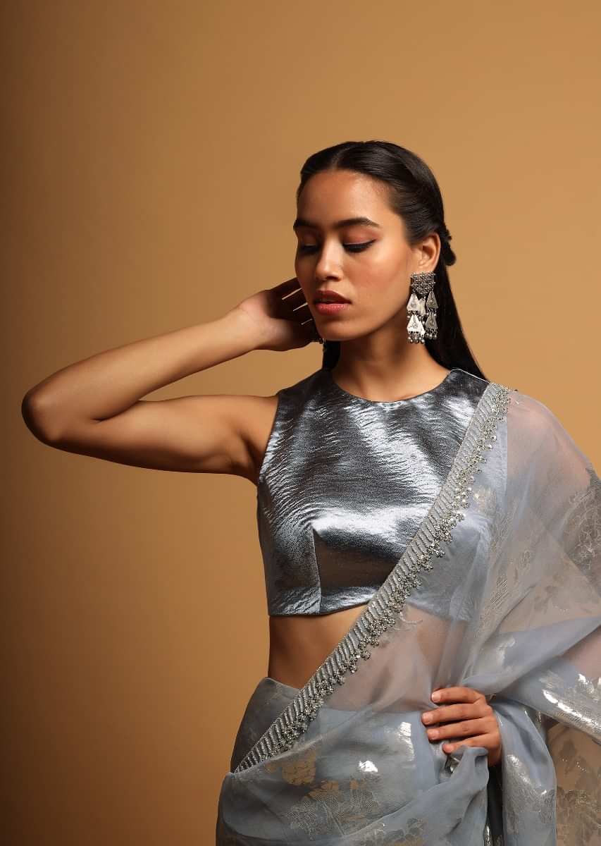Silver Blue Crop Top In Milano Satin With Curved Hemline And Incut Sleeves