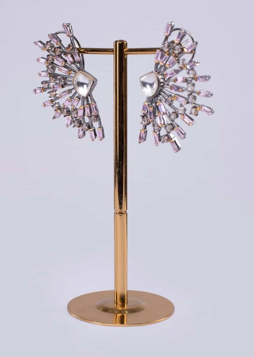Silver ear cuff with pink crystal beads and diamonds only on Kalki