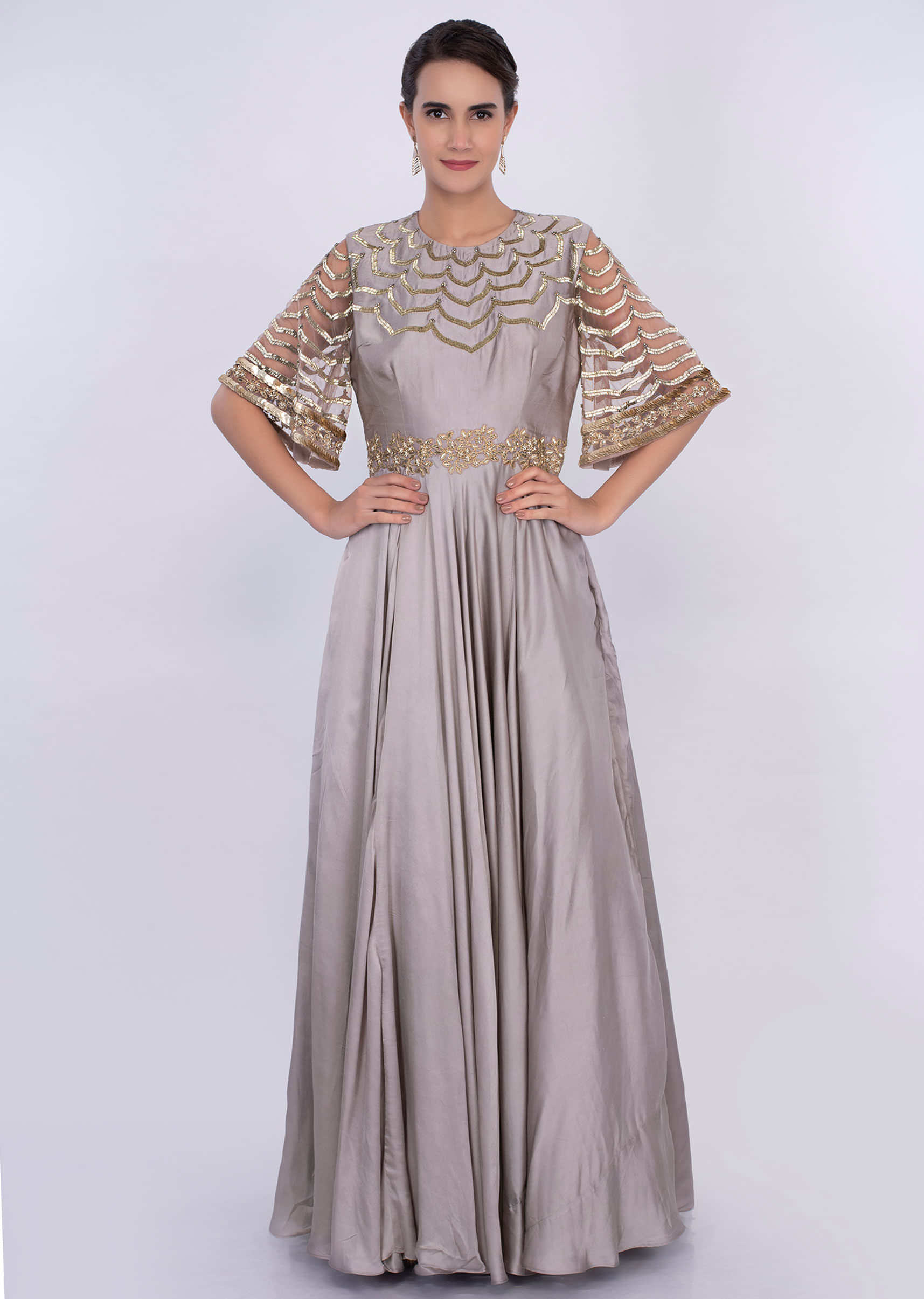 Silver grey A line gown with scallop embroidery