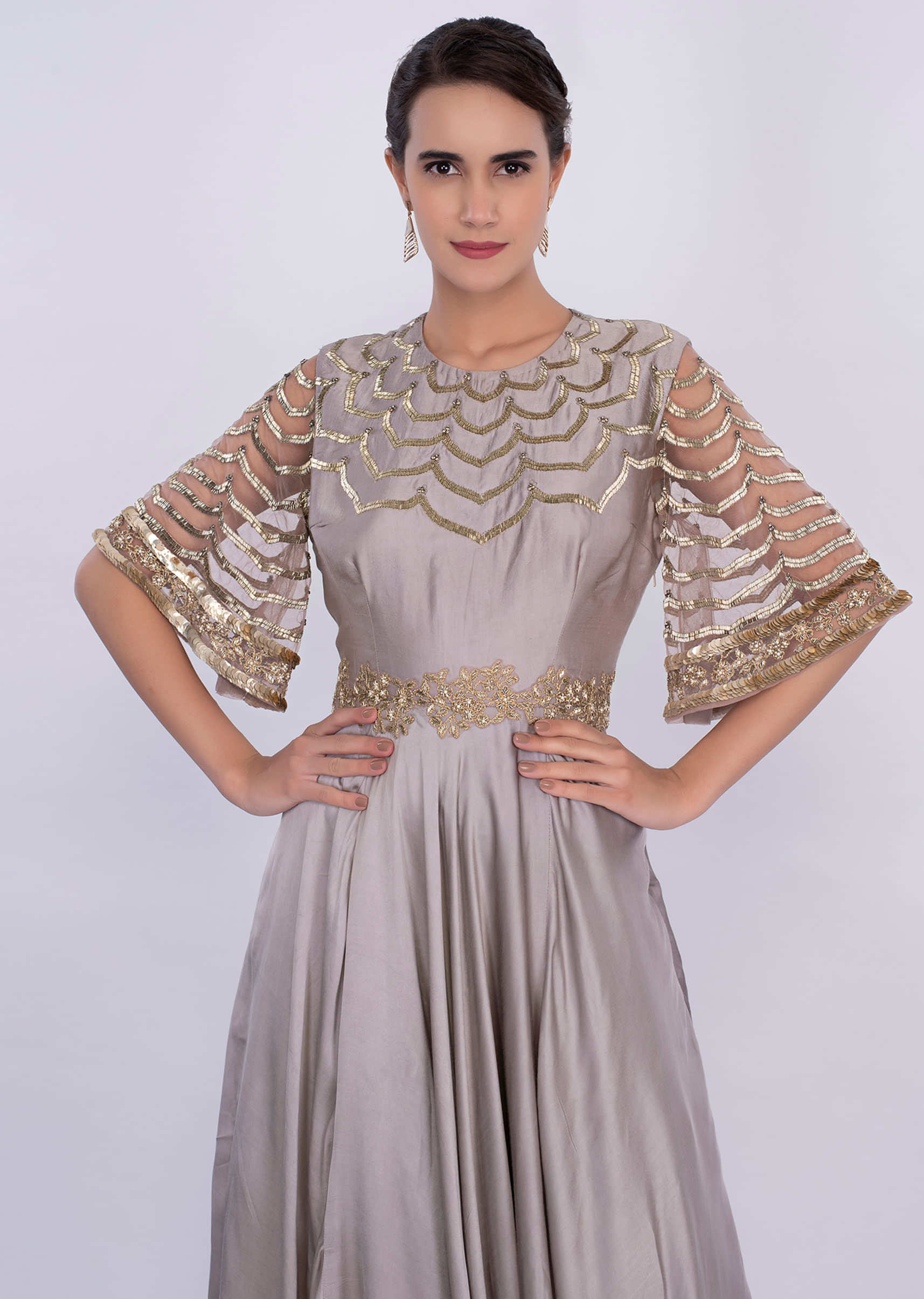 Silver grey A line gown with scallop embroidery