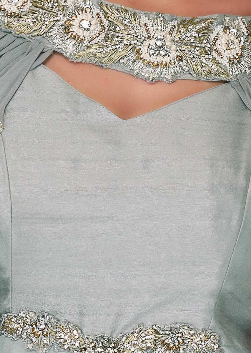 Silver grey anarkali gown with cowl drape fancy dupatta