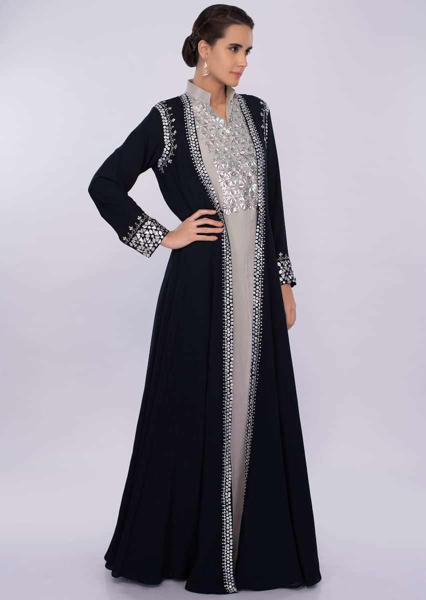 Silver grey crepe tunic dress with navy blue  long jacket only on kalki