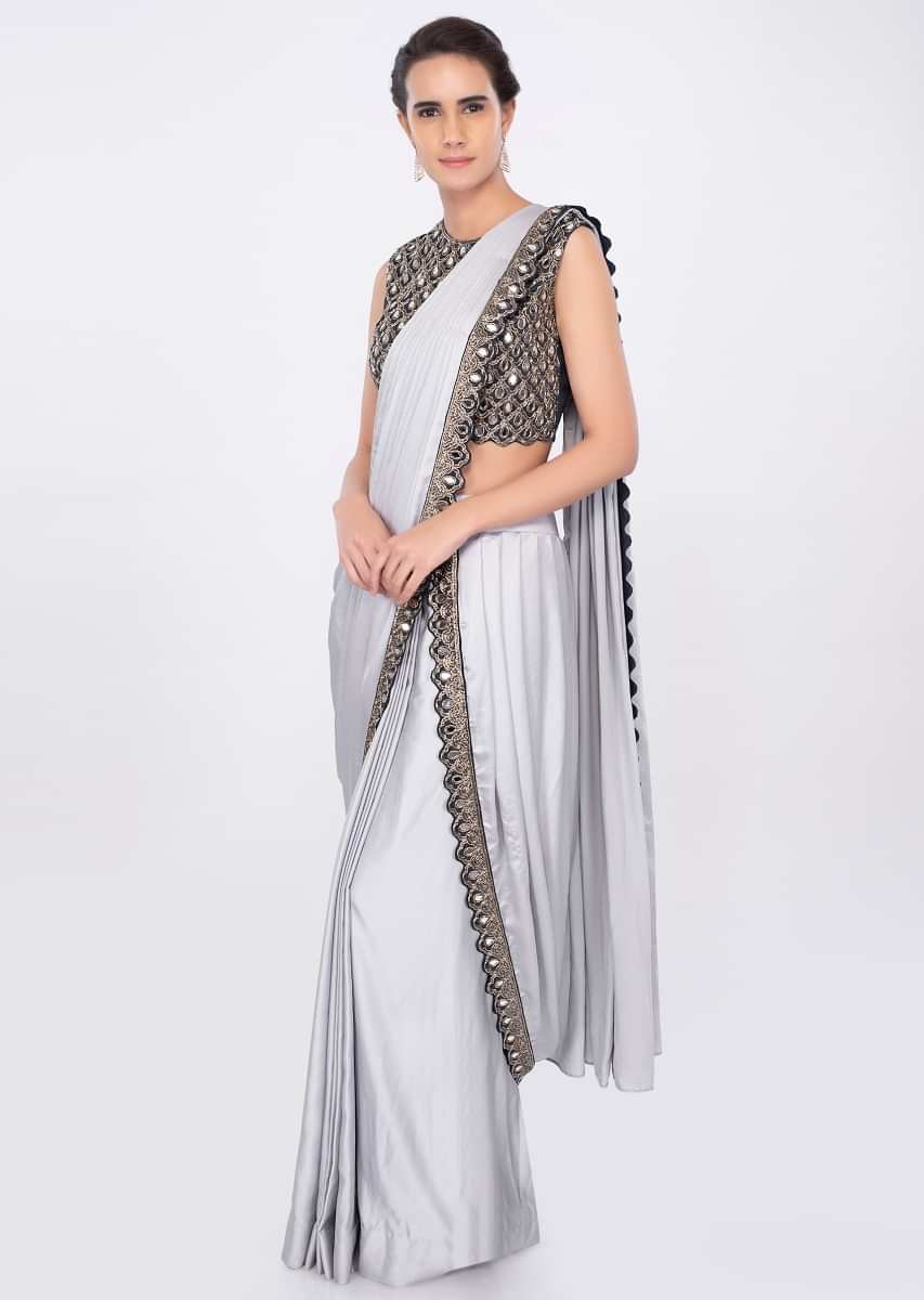 Silver Grey Draped Saree With Indigo Blue Embroidered Blouse Online - Kalki Fashion