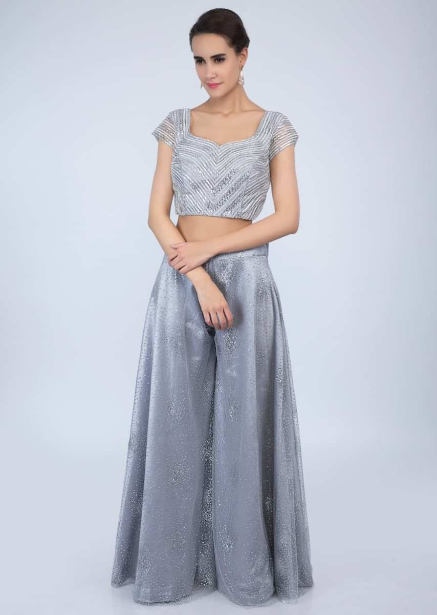 Silver grey palazzo and crop top with lycra net dupatta only on Kalki