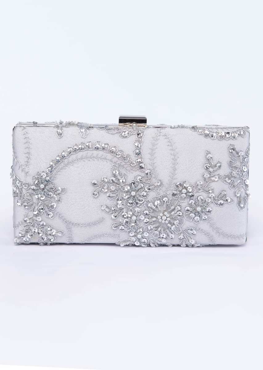 silver grey rectangular shaped embroidered sling clutch only on kalki