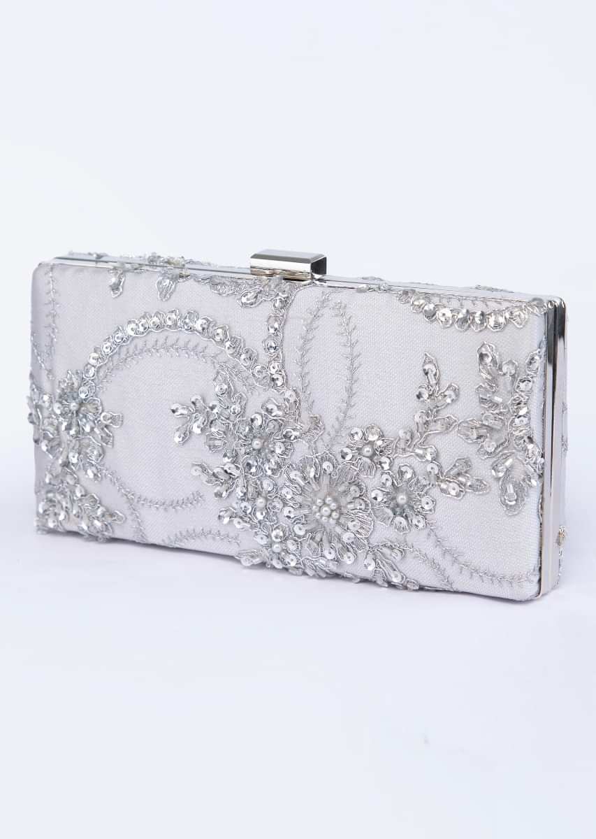 silver grey rectangular shaped embroidered sling clutch only on kalki