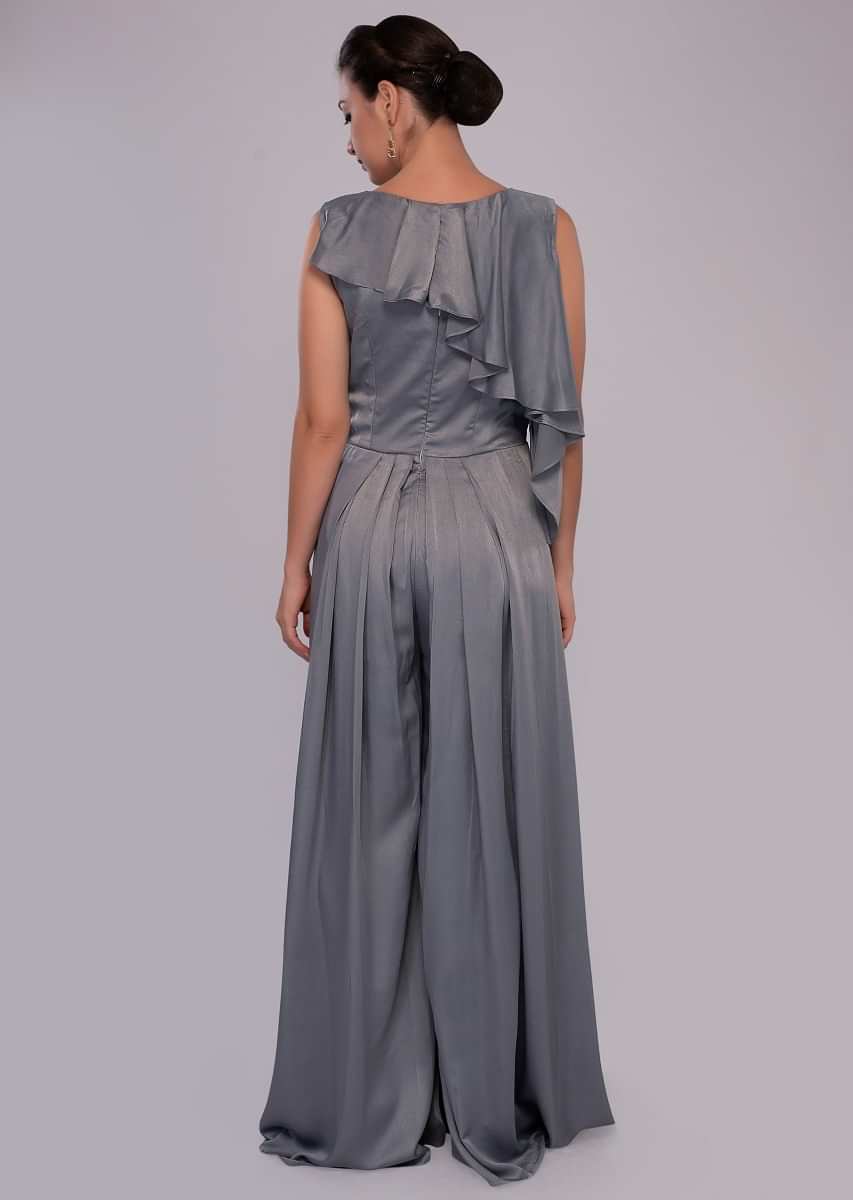 Silver grey satin jumpsuit with net embroidered bodice 