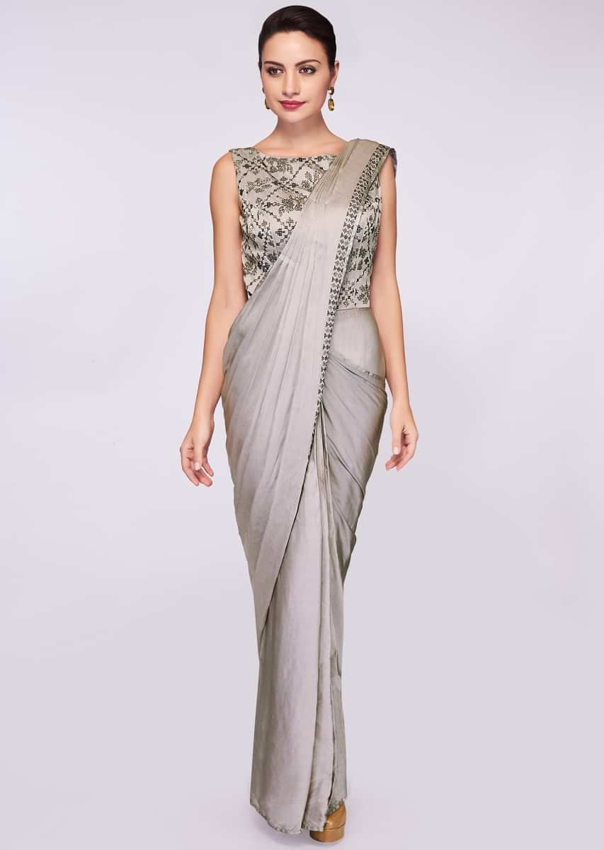 Silver grey satin saree gown with kundan embroidered bodice 