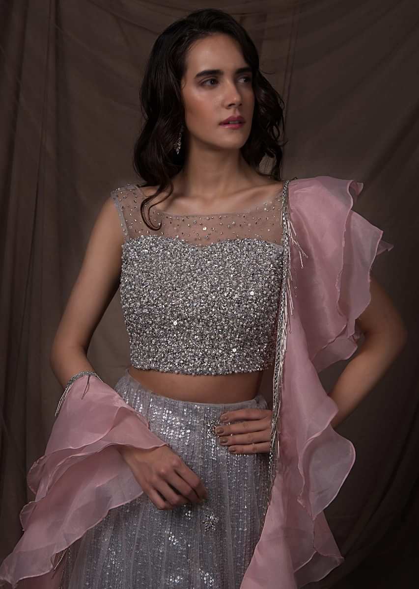 Silver Grey Lehenga Set In Sequins Embroidered Net With Pink Organza Ruffled Dupatta Online - Kalki Fashion