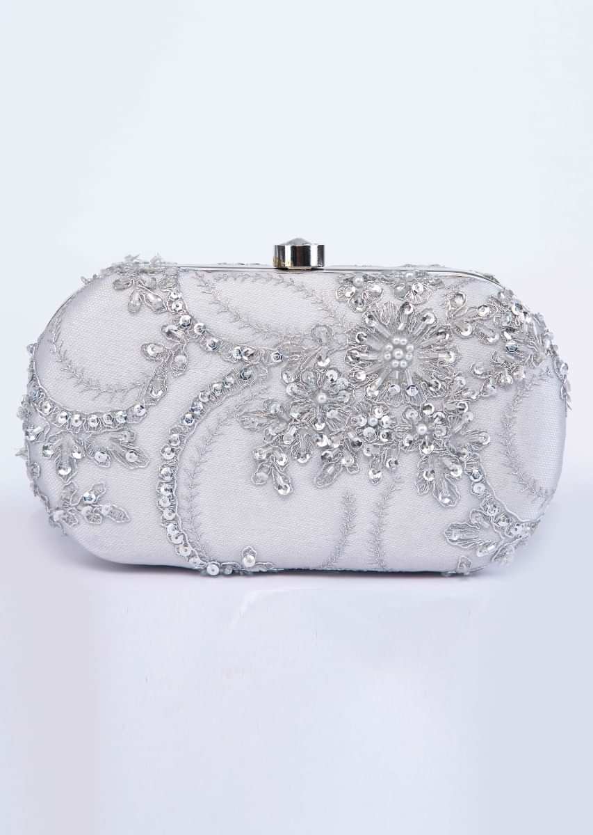 Silver grey sling clutch bag with sequins and zari embellishment only on Kalki