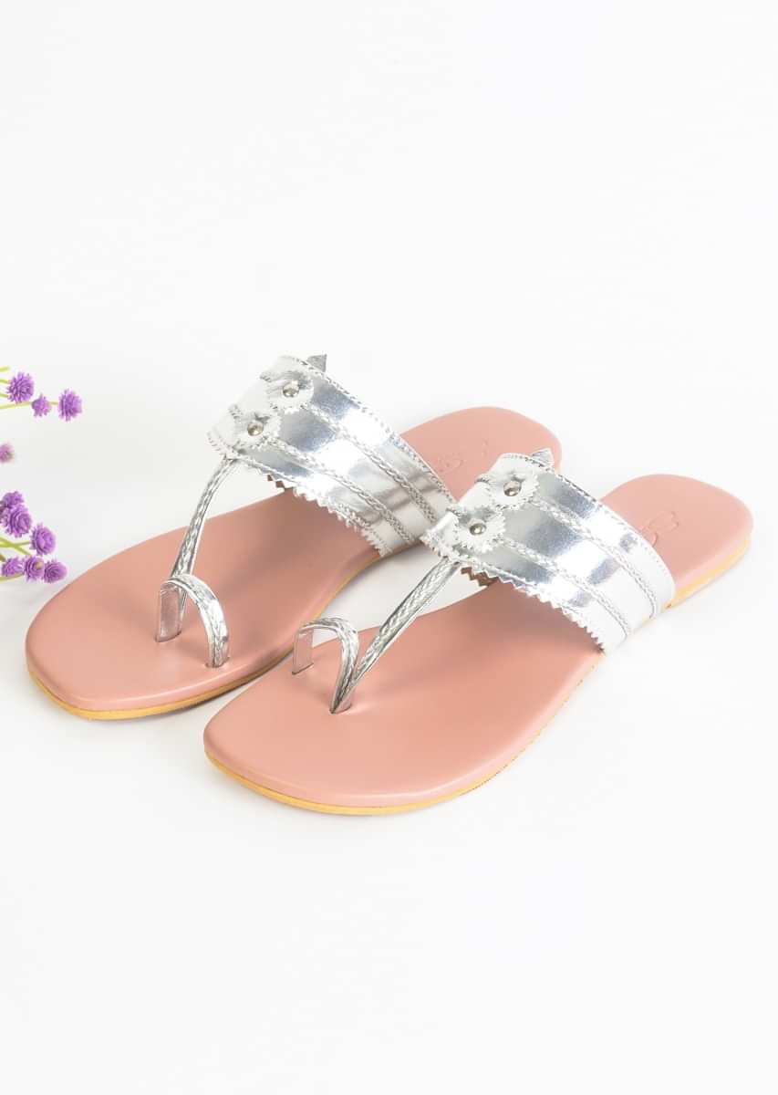 Silver Kolhapuri Flats With Nude Pink Sole  By Sole House