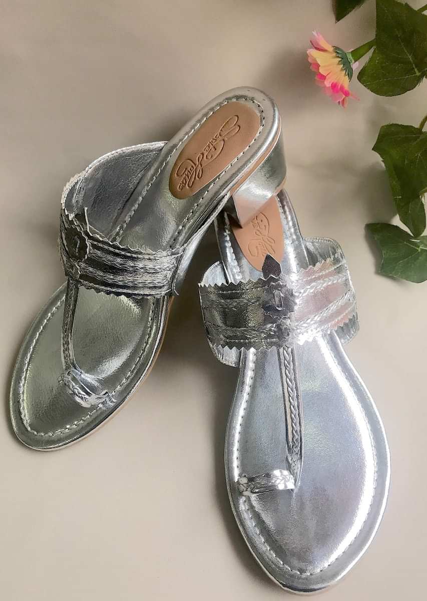 Silver Kolhapuris With Block Heel And Braded Design By Sole House