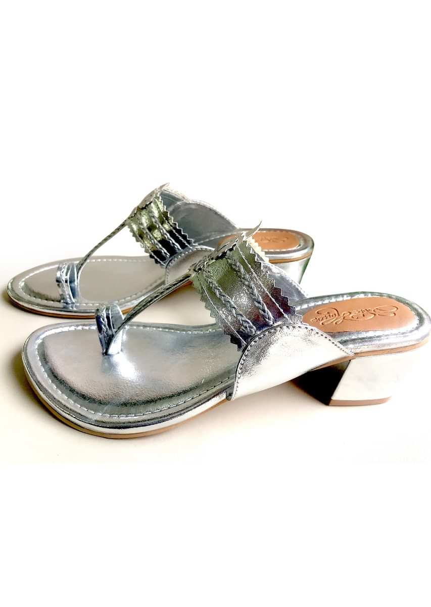 Silver Kolhapuris With Block Heel And Braded Design By Sole House