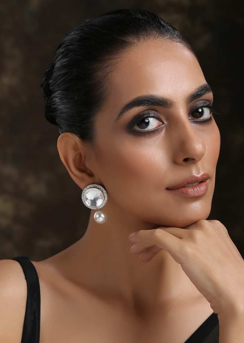 Silver Moon Shaped Kundan Studs With Suspended High Grade Shell Pearl By Paisley Pop