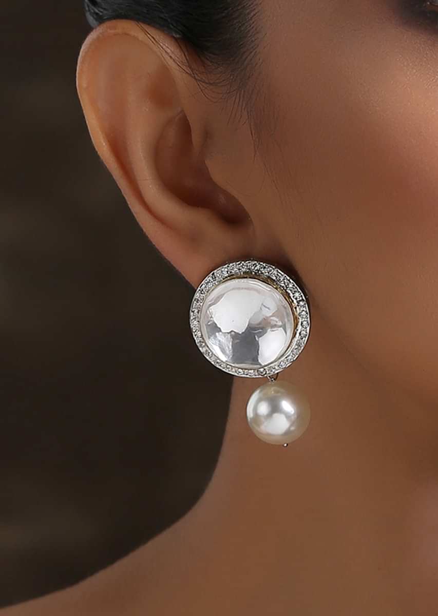 Silver Moon Shaped Kundan Studs With Suspended High Grade Shell Pearl By Paisley Pop
