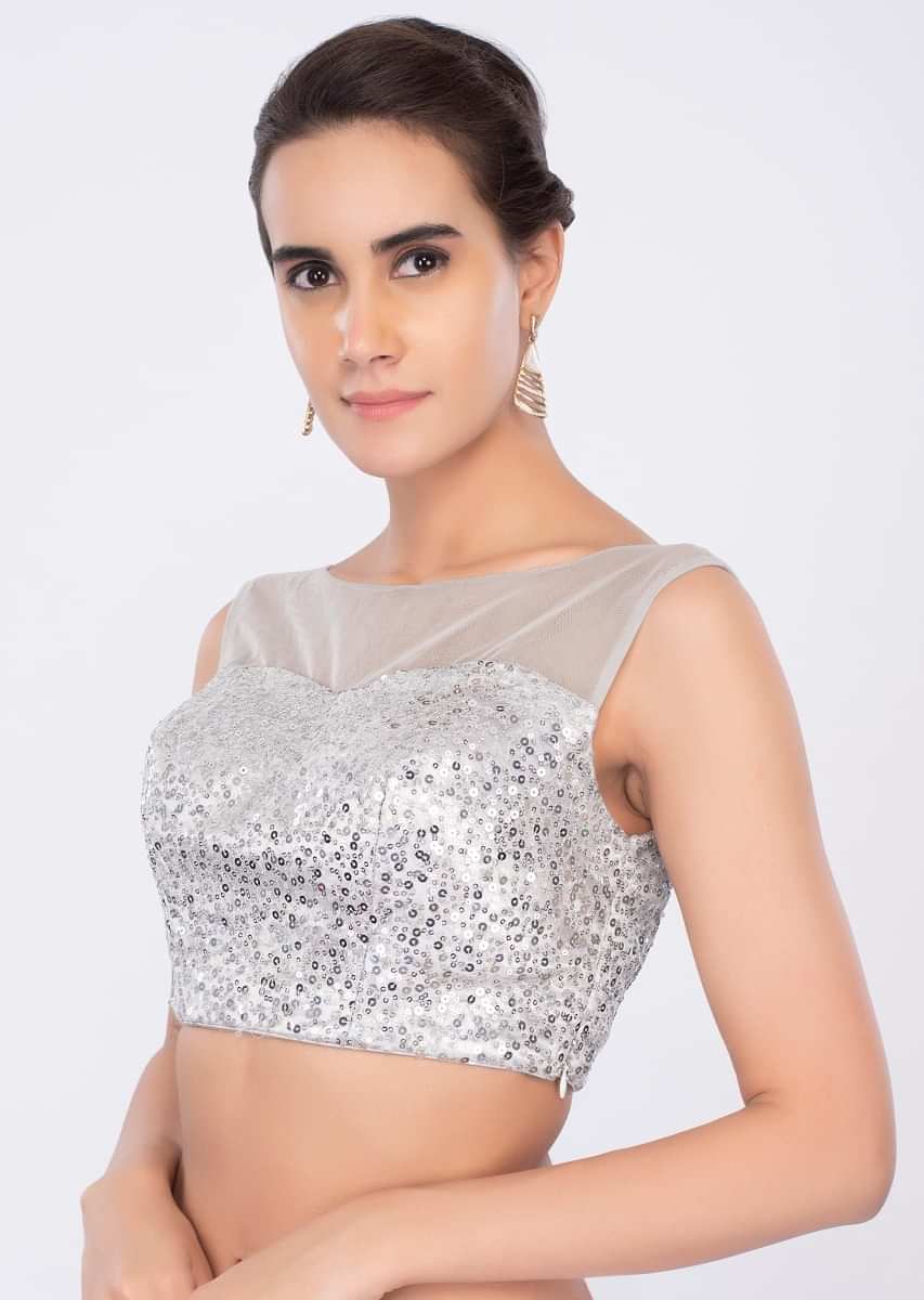 Silver Blouse In Sequins Embroidered Net Online - Kalki Fashion