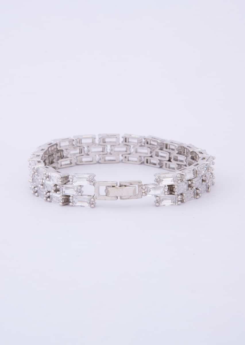 Silver plated triple layer bracelet with rectangular crystal bead only on Kalki
