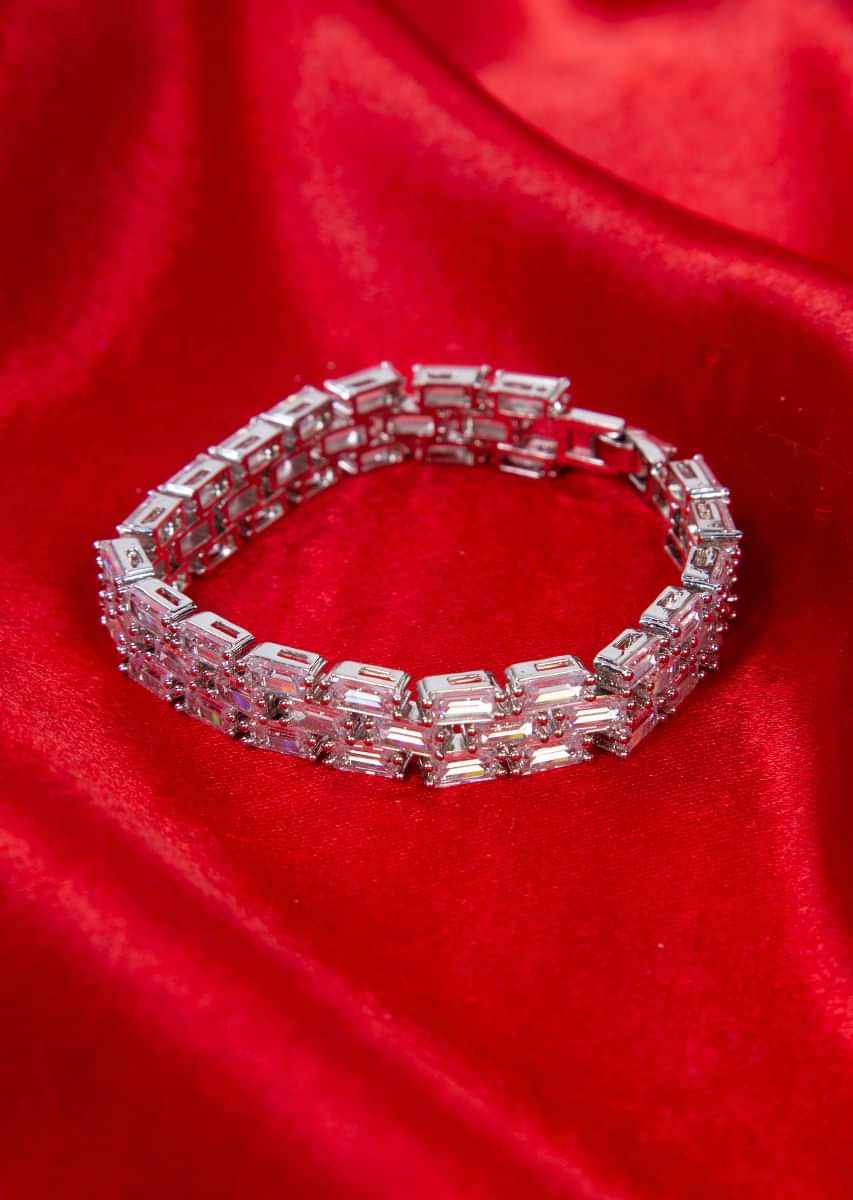 Silver plated triple layer bracelet with rectangular crystal bead only on Kalki