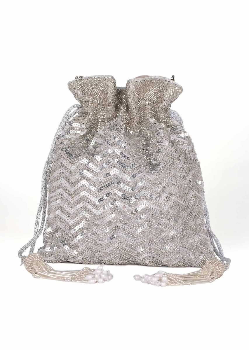 Buy Silver Potli Bag With Embellished Chevron Pattern Online - Kalki ...